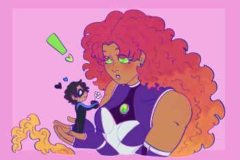 colored_skin curly_hair giant giantess green_eyes long_hair mask nightwing orange_skin red_hair sleeveless starfire tan tiredeldritchhorror