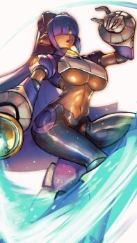 1girl android blunt_bangs breasts clothing_cutout commentary dark-skinned_female dark_skin energy_blade energy_sword english_commentary hair_over_one_eye headgear hime_cut holding holding_weapon jumping large_breasts layer_(mega_man) long_hair mega_man_(series) mega_man_x_(series) minster_(dooke) mole mole_under_eye navel open_mouth purple_hair robot_ears simple_background solo sword underboob underboob_cutout weapon