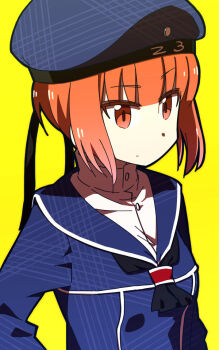 Rule 34 | 1girl, black neckerchief, blue dress, blue hat, blue sailor collar, blunt bangs, brown eyes, brown hair, closed mouth, clothes writing, commentary, dress, expressionless, hair between eyes, hat, kantai collection, long sleeves, mizumi (artist), neckerchief, sailor collar, sailor dress, short hair, simple background, solo, upper body, yellow background, z3 max schultz (kancolle)