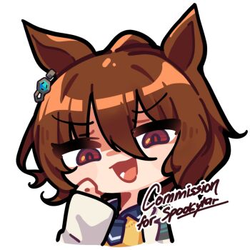 1girl agnes_tachyon_(tach-nology)_(umamusume) agnes_tachyon_(umamusume) ahoge animal_ears brown_hair chemical_structure commission earrings farrel_kb hair_between_eyes horse_ears horse_girl huge_ahoge jewelry lab_coat long_sleeves looking_at_viewer necktie red_eyes shirt short_hair short_necktie single_earring sleeves_past_fingers sleeves_past_wrists smile solo sweater umamusume wolf_cut yellow_sweater