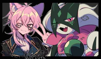 1boy ;) animal_ear_fluff animal_ears artist_request black_border black_jacket border cat_boy cat_ears closed_mouth crossover hair_between_eyes highres indie_virtual_youtuber jacket looking_at_viewer male_focus meowscarada nintendo non-web_source one_eye_closed open_mouth paco_the_catboy pink_eyes pink_hair pokemon pokemon_(creature) smile source_request translation_request upper_body v virtual_youtuber