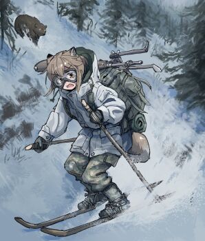 1girl absurdres animal animal_ears backpack bag bear bedroll boots brown_eyes brown_hair camouflage camouflage_pants fang fox_ears fox_girl fox_girl_(yihan_world) fox_tail goggles grass gun highres hood hood_up hooded_jacket jacket original outdoors pants rifle skiing skis snow solo tail tree weapon white_jacket winter yihan_world
