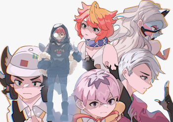 Rule 34 | 3boys, 3girls, absurdres, ahoge, atticus (pokemon), black hair, blonde hair, blue hair, boots, closed mouth, commentary request, dafenpipixia, eevee backpack, eri (pokemon), facepaint, fingerless gloves, giacomo (pokemon), glasses, gloves, green eyes, grey boots, grey hoodie, hat, headphones, headphones around neck, highres, hood, hood up, hoodie, index finger raised, long hair, long sleeves, mela (pokemon), multicolored hair, multiple boys, multiple girls, nintendo, no mask, ortega (pokemon), pantyhose, penny (pokemon), pink hair, poke ball print, pokemon, pokemon sv, print pantyhose, purple eyes, purple hair, red hair, round eyewear, see-through clothes, see-through skirt, simple background, skirt, standing, team star, two-tone hair, v-shaped eyebrows, white background, white hair