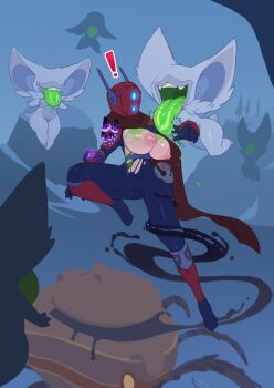 ! battle blind_pest_(risk_of_rain) blue_bodysuit bodysuit breasts breasts_out colored_tongue commentary english_commentary green_tongue helmet highres huffslove huntress_(risk_of_rain) jumping large_breasts large_ears midair monster nipples red_helmet risk_of_rain_(series) risk_of_rain_2 torn_bodysuit torn_clothes white_fur