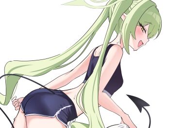 absurdres alternate_costume blue_archive blush commentary_request demon_girl demon_tail green_hair halo highres nozomi_(blue_archive) open_mouth pineap000 pointy_ears shorts sideways_glance simple_background sports_bra sportswear sweat tail twintails yellow_eyes