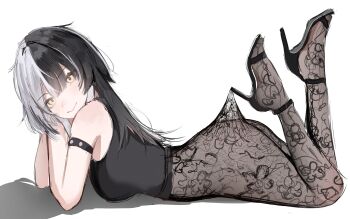 1girl absurdres arm_strap ass black_hair black_tank_top breasts grey_hair high_heels highres hololive hololive_english lace_pantyhose large_breasts long_hair looking_at_viewer lying multicolored_hair on_stomach salsa_dance shiori_novella simple_background solo split-color_hair tank_top two-tone_hair virtual_youtuber white_background yellow_eyes