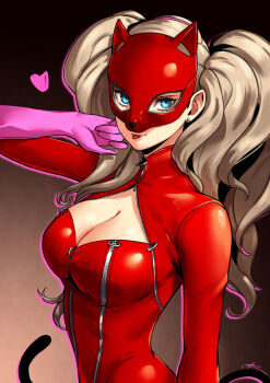 1girl :p animal_ears arm_up blonde_hair blue_eyes bodysuit breasts cat_ears cat_mask cat_tail cleavage cleavage_cutout clothing_cutout eightyfourart gloves gradient_hair heart highres large_breasts long_hair looking_at_viewer mask multicolored_hair panther_(persona_5) persona persona_5 pink_gloves red_bodysuit solo tail takamaki_anne tongue tongue_out twintails very_long_hair zipper zipper_pull_tab