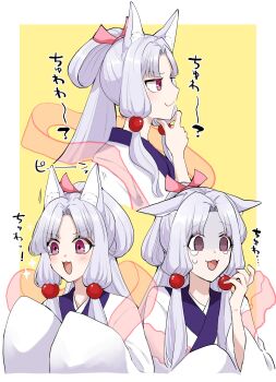 1girl :3 animal_ears blush border catchphrase closed_mouth commentary_request crying crying_with_eyes_open curtained_hair ears_down ears_up empty_eyes excited fox_ears fox_girl furrowed_brow grey_hair hagoromo hair_ribbon hand_on_own_chin hand_up highres japanese_clothes kimono long_hair long_sleeves multiple_views open_mouth pink_ribbon ponytail profile red_eyes ribbon scared shawl shiino_(shi_no_q) sidelocks simple_background sleeves_past_fingers sleeves_past_wrists sparkle stroking_own_chin tears touhoku_itako translation_request v-shaped_eyebrows voiceroid white_border white_kimono yellow_background