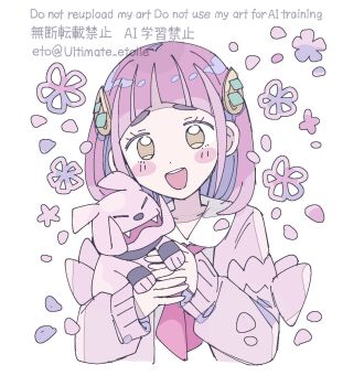 1girl :d arched_bangs blush_stickers cardigan fangs gen_2_pokemon granbull hair_ornament hairclip highres holding holding_pokemon lacey_(pokemon) long_sleeves looking_at_viewer neckerchief nintendo open_cardigan open_clothes open_mouth pink_cardigan pink_fur pink_hair pokemon pokemon_(creature) pokemon_sv red_neckerchief remoooon shirt short_hair simple_background smile upper_body white_background white_shirt yellow_eyes
