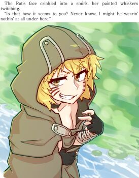1girl argo_the_rat blonde_hair blurry blurry_background choker cloak clothes_pull english_text facepaint facial_mark fang female_focus fingerless_gloves gloves hood hooded_cloak medium_hair naked_cloak no_bra shirt_pull smile smirk solo sword_art_online tenk whisker_markings wrappings yellow_eyes