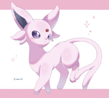 Rule 34 | closed mouth, commentary request, espeon, gen 2 pokemon, highres, iwasi 29, letterboxed, nintendo, no humans, outside border, pokemon, pokemon (creature), purple eyes, simple background, solo, twitter username, white background