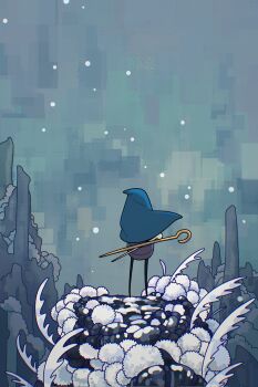 1girl arthropod_girl blue_cloak cloak commentary from_behind gaaaaaldpenzi highres holding holding_weapon hollow_knight hollow_knight:_silksong hood hooded_cloak in-universe_location outdoors pin_(hollow_knight) pinstress_(hollow_knight) snowing solo standing symbol-only_commentary weapon
