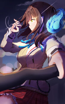 1girl blue_ribbon breasts brown_hair closed_mouth commentary_request cowboy_shot eyepatch fighting_stance floating_hair foreshortening frilled_skirt frills from_side glowing glowing_eye hand_up heaven_burns_red heterochromia highres hiiragi_kozue hitodama holding holding_eyepatch holding_weapon jacket large_breasts long_sleeves looking_ahead medical_eyepatch medium_hair miniskirt neck_ribbon outdoors plaid_clothes plaid_skirt profile purple_eyes red_skirt ribbon serious shaketamago skirt solo split_mouth v-shaped_eyebrows weapon yellow_eyes yellow_jacket