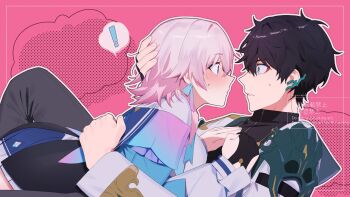 Rule 34 | !, 1boy, 1girl, absurdres, black gloves, black hair, black shirt, blush, dan heng (honkai: star rail), dan heng (hunt) (honkai: star rail), earrings, eye contact, eyeliner, girl on top, gloves, grey pants, hand on another's back, hand on another's head, hands on another's chest, hashtag-only commentary, hetero, highres, honkai: star rail, honkai (series), jacket, jewelry, long sleeves, looking at another, makeup, march 7th (honkai: star rail), march 7th (preservation) (honkai: star rail), medium hair, outline, pants, pink background, pink hair, red eyeliner, shirt, short hair, single glove, sweatdrop, twitter username, umoumohl, watermark, white outline, white shirt