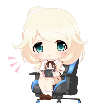 1girl ahoge armrest big_head blonde_hair blush brown_dress brown_ribbon brown_shoes chair chibi commentary_request dress green_eyes handheld_game_console highres holding holding_handheld_game_console hosizora_mikoto idolmaster idolmaster_cinderella_girls looking_at_viewer low_twintails nintendo_switch notice_lines on_chair open_mouth ribbon shoes simple_background sitting socks solo swivel_chair twintails white_background white_socks wrist_cuffs yusa_kozue