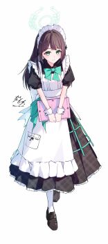 1girl airi_(blue_archive) alternate_costume apron back_bow black_dress black_hair blue_archive blush bow bowtie brown_shoes closed_mouth commentary_request dress enmaided frilled_apron frilled_dress frills full_body green_bow green_bowtie green_halo halo highres holding holding_menu loafers long_hair looking_at_viewer maid maid_apron maid_headdress menu multiple_girls nekomochi puffy_short_sleeves puffy_sleeves shoes short_sleeves simple_background smile solo standing v_arms white_apron white_background white_wrist_cuffs wrist_cuffs