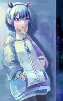 1girl black_hair black_hairband black_pantyhose blue_shorts blunt_bangs boots commentary_request garetory grey_sweater hairband hands_in_pockets highres jitomi_monoe long_sleeves looking_at_viewer outdoors pantyhose parted_lips red_eyes shorts sketch solo standing sweater two-tone_sweater virtual_youtuber voms white_boots white_sweater zipper_pull_tab