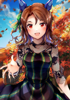 Rule 34 | 1girl, animal ears, autumn leaves, black dress, blue sky, blush, bow, breasts, brown hair, commentary request, dress, ear bow, ear covers, hair between eyes, highres, horse ears, horse girl, king halo (casual) (umamusume), king halo (umamusume), leaf, long hair, looking at viewer, medium breasts, open mouth, outdoors, ra mun5239, red eyes, see-through clothes, see-through sleeves, sky, smile, striped clothes, striped dress, tree, umamusume, vertical-striped clothes