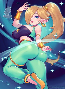 1girl absurdres ass blonde_hair blue_eyes bracer breasts cosplay earrings female_focus hair_over_one_eye harem_outfit highres jewelry large_breasts lips long_hair looking_at_viewer mario_(series) nail_polish nintendo pointy_ears ponytail rosalina shantae shantae_(cosplay) shantae_(series) solo super_mario_galaxy supersatanson thick_thighs thighs