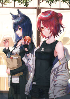 2girls alternate_costume alternate_hairstyle animal_ear_fluff animal_ears arknights bag bare_shoulders black_gloves black_hair black_jacket black_pantyhose black_shirt black_shorts breasts brown_eyes casual cigarette commentary_request cowboy_shot dog_tags exusiai_(arknights) exusiai_(teenage)_(arknights) fingerless_gloves food fruit gloves hair_between_eyes halo hand_in_pocket hand_up highres holding holding_bag holding_food holding_fruit jacket jewelry light_smile long_hair long_sleeves looking_at_viewer medium_breasts multiple_girls off_shoulder one_side_up pantyhose paper_bag pendant profile red_hair revision shirt sho_(sumika) shopping_bag short_shorts shorts sleeveless sleeveless_shirt standing texas_(arknights) white_jacket white_shirt wolf_ears
