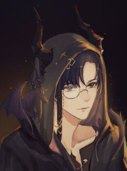 1boy :| animal animal_on_shoulder black_background black_robe blue_eyes blue_hair chinese_commentary clarence_clayden clarence_clayden_(magical_halloween) closed_mouth collarbone commentary_request curtained_hair dragon dragon_girl extra_ears hair_between_eyes hood hood_up hooded_robe light_particles looking_ahead lovebrush_chronicles male_focus mole mole_under_eye monocle official_alternate_costume plum-cheese portrait robe safety_pin short_hair small_dragon solo