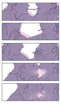 2boys absurdres blowing_smoke border cigarette closed_eyes collared_shirt commentary earrings english_commentary eyes_out_of_frame head_out_of_frame highres jean_pierre_polnareff jewelry jojo_no_kimyou_na_bouken kiss male_focus medium_hair mohammed_avdol multiple_boys parted_lips piercing sequential shirt smoke smoking stardust_crusaders tantan_(jieve629) white_border wing_collar yaoi