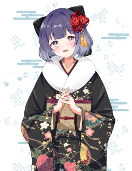 Rule 34 | 1girl, absurdres, asa no ha (pattern), black bow, black kimono, blunt bangs, blush, bow, commentary request, cowboy shot, egasumi, floral print, floral print kimono, flower, fur-trimmed kimono, fur trim, gakuen idolmaster, hair bow, hair ornament, hands up, hataya misuzu, highres, idolmaster, japanese clothes, kanzashi, kimono, long sleeves, looking at viewer, medium hair, mole, mole under mouth, obi, obiage, obijime, open mouth, own hands together, print kimono, purple eyes, purple hair, red flower, sash, shinouzip, smile, solo, standing, tsumami kanzashi, white background, wide sleeves
