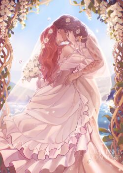 Rule 34 | 2girls, arm tattoo, black hair, blush, bouquet, bridal veil, bride, closed eyes, dark-skinned female, dark skin, dress, earrings, eyepatch, female focus, flower, freckles, hair flower, hair ornament, highres, holding, holding bouquet, hoop earrings, hug, jewelry, kiss, league of legends, lipstick, long hair, makeup, miss fortune (league of legends), mole, mole above mouth, multi-tied hair, multiple girls, red hair, red lips, ring, rose, samira, see-through clothes, see-through veil, sunsunny31, tattoo, veil, wedding, wedding dress, wedding ring, white dress, white flower, white rose, wife and wife, yuri