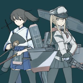 2girls black_eyes black_gloves black_pantyhose black_skirt black_thighhighs blonde_hair blue_eyes blue_hakama bow_(weapon) breasts brown_hair capelet closed_mouth commentary_request commission gloves graf_zeppelin_(kancolle) hair_between_eyes hakama hakama_skirt halca_(technodrome) hat highres holding holding_weapon japanese_clothes kaga_(kancolle) kantai_collection long_hair multiple_girls muneate pantyhose peaked_cap pleated_skirt quiver rigging side_ponytail sidelocks simple_background skeb_commission skirt thighhighs twintails weapon