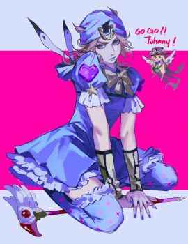 2boys absurdres animalization beanie blonde_hair blue_dress blue_eyes blue_hat blue_lips blue_nails blue_thighhighs bow bowtie brown_hat cowboy_hat crossdressing crossdressing_(mtf) dress english_text feathers goggles goggles_on_headwear gyro_zeppeli hashtag-only_commentary hat heart_ornament heijinbai highres hood hood_down hooded_dress horseshoe_hat_ornament horseshoe_ornament johnny_joestar jojo_no_kimyou_na_bouken kneeling makeup male_focus medium_hair multiple_boys puffy_sleeves purple_bow purple_bowtie short_sleeves staff star_(symbol) star_print steel_ball_(jojo) steel_ball_run thighhighs wand wings yellow_arm_warmers yellow_bow yellow_bowtie