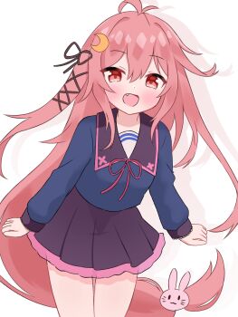 Rule 34 | 1girl, ahoge, black sailor collar, black skirt, blue sailor collar, blue shirt, commentary request, crescent, crescent hair ornament, feet out of frame, hair ornament, hair ribbon, highres, kantai collection, long hair, low-tied long hair, matu (matu19), open mouth, pink hair, pleated skirt, rabbit hair ornament, ribbon, sailor collar, school uniform, serafuku, shirt, simple background, skirt, smile, solo, uzuki (kancolle), white background