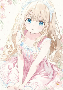 1girl bare_arms blonde_hair blue_bow blue_eyes blunt_bangs blush bow breasts commentary_request dress eye_contact flower hair_between_eyes hair_bow headband heart highres lily_(flower) long_hair looking_at_another looking_at_viewer original painting_(medium) pale_skin parted_lips pink_dress ribbon rose sidelocks sitting sleeveless small_breasts traditional_media watercolor_(medium) wavy_hair yoru_(watercolor_artist)