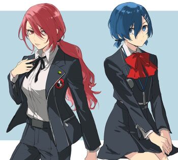 Rule 34 | 1boy, 1girl, arm at side, belt, black belt, black jacket, black pants, black ribbon, black skirt, blue background, blue eyes, blue hair, border, bow, closed mouth, commentary request, cosplay, cowboy shot, crossdressing, crossdressing (ftm), crossdressing (mtf), mp3 player, digital walkman, dress shirt, gekkoukan high school uniform, hair between eyes, hair ornament, hair over one eye, hairclip, hand on own chest, isa (peien516), jacket, kirijou mitsuru, long hair, long sleeves, looking at viewer, looking up, low ponytail, open clothes, open jacket, outside border, own hands together, pants, persona, persona 3, ponytail, red bow, red eyes, red hair, ribbon, school uniform, shiomi kotone, shiomi kotone (cosplay), shirt, short hair, short twintails, skirt, twintails, v arms, walkman nw-s203f, white border, white shirt, yuuki makoto (persona 3), yuuki makoto (persona 3) (cosplay)