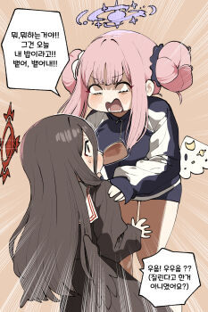 2girls absurdres age_regression aged_down black_hair blue_archive breasts cake chroong commentary_request crescent double_bun embarrassed empty_eyes feathered_wings food food_in_mouth gym_uniform hair_between_eyes hair_bun hair_ornament halo hands_on_another's_shoulders hasumi_(blue_archive) highres korean_commentary korean_text large_breasts light_blush long_hair long_hair_between_eyes long_sleeves looking_at_another low_wings mika_(blue_archive) mika_(track)_(blue_archive) multiple_girls nervous_sweating official_alternate_costume official_alternate_hairstyle open_mouth pink_hair puffy_sleeves red_eyes red_halo school_uniform shouting simple_background speech_bubble star_(symbol) sweat swiss_roll teeth upper_teeth_only very_long_hair wing_ornament wings