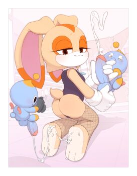 1girl 2boys absurdres animal_ears ass barefoot black_leotard body_fur brown_fur camera chao_(sonic) closed_mouth cream_the_rabbit cum cum_on_body cum_on_feet ejaculation fishnet_thighhighs fishnets furry furry_female handjob highres kekitopu kneeling leotard loli lop_rabbit_ears multiple_boys penis projectile_cum rabbit_ears rabbit_girl rabbit_tail smile sonic_(series) tail thighhighs uncensored