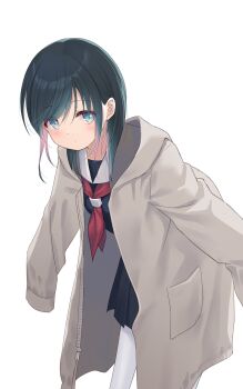 1girl black_serafuku blush closed_mouth coat colored_inner_hair commentary_request eyebrows_hidden_by_hair grey_eyes grey_hair highres hood hooded_coat leaning_forward long_sleeves looking_at_viewer multicolored_hair na-ga neckerchief pantyhose pink_hair pleated_skirt red_neckerchief sailor_collar school_uniform serafuku short_hair skirt sleeves_past_fingers sleeves_past_wrists white_background white_coat white_pantyhose