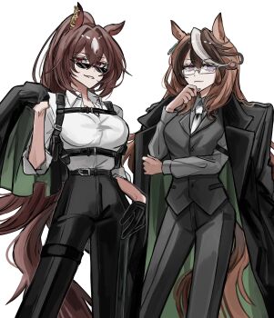 2girls absurdres alternate_costume black_gloves black_jacket black_pants breasts brown_hair chest_harness coat coat_on_shoulders collared_shirt commentary_request cowboy_shot formal_clothes glasses gloves grey_jacket grey_pants grey_shirt grey_suit grin hand_on_own_chin harness highres holding holding_jacket holding_unworn_clothes jacket large_breasts long_hair long_sleeves looking_at_viewer multicolored_hair multiple_girls necktie opeyu pants ponytail shirt simple_background sirius_symboli_(umamusume) smile standing streaked_hair stroking_own_chin suit suit_jacket sunglasses symboli_rudolf_(umamusume) umamusume unworn_jacket white_background white_necktie white_shirt white_streaks