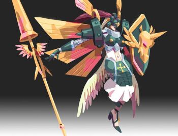 Rule 34 | 1girl, angel, angel girl, armor, breasts, digimon, digimon (creature), female focus, horns, ofanimon, shield, solo, wings