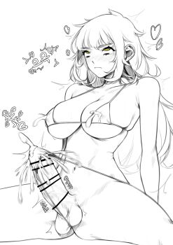 1girl bikini blush cum ejaculation ejaculation_under_clothes erection futanari highres lactation lactation_through_clothes long_hair looking_at_viewer monochrome norunollu original swimsuit yellow_eyes