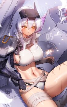1girl absurdres armor bandaged_leg bandages bikini_armor breasts commentary crying crying_with_eyes_open english_commentary flower goddess_of_victory:_nikke highres holding holding_flower large_breasts long_hair maviss_03 navel prosthesis prosthetic_arm scar scar_on_leg scar_on_stomach snow_white_(heavy_arms)_(nikke) snow_white_(nikke) solo stomach tearing_up tears very_long_hair visor_(armor) white_hair yellow_eyes