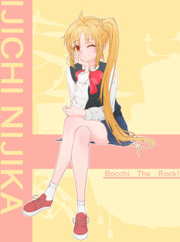 Rule 34 | 1girl, absurdres, ahoge, black sweater vest, blonde hair, blue skirt, bocchi the rock!, bow, bowtie, character name, chinese commentary, commentary request, copyright name, head rest, highres, ijichi nijika, jwww1375902131, long hair, long sleeves, one eye closed, orange eyes, outline, pleated skirt, red bow, red bowtie, red shoes, school uniform, shirt, shoes, side ponytail, sitting, skirt, socks, solo, sweater vest, white outline, white shirt, white socks