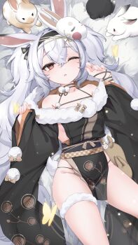 1girl absurdres alternate_costume animal_ears azur_lane bare_shoulders bug butterfly detached_sleeves fake_animal_ears hair_between_eyes hair_ornament hairband hashtag-only_commentary highres insect japanese_clothes laffey_(azur_lane) laffey_ii_(azur_lane) laffey_ii_(lady_laffey&#039;s_languid_tour)_(azur_lane) long_hair looking_at_viewer lying mask on_back one_eye_closed parted_lips pelvic_curtain rabbit rabbit_ears red_eyes solo tanoki233 thighhighs twintails very_long_hair white_hair