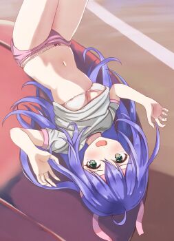 1girl blush bow bow_panties bra brown_eyes buruma clothes_lift commentary_request cowboy_shot embarrassed grey_shirt gym_shirt gym_uniform hands_up highres idolmaster idolmaster_million_live! idolmaster_million_live!_theater_days long_hair looking_at_viewer lying miuoisi mochizuki_anna navel on_back open_mouth outdoors panties panties_under_buruma pink_bra pink_buruma pink_panties purple_hair shirt shirt_lift solo stomach straight_hair tearing_up underwear upside-down