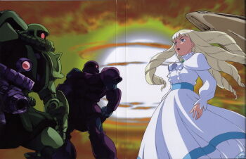 1990s_(style) 1girl artist_request blonde_hair cable dress gun gundam highres jewelry kihel_heim machine_gun mecha mobile_suit official_art one-eyed retro_artstyle robot scan science_fiction scope shield traditional_media turn_a_gundam weapon