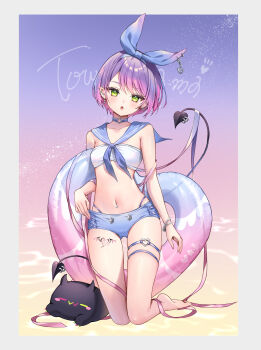 1girl alternate_costume barefoot bibi_(tokoyami_towa) bikini bikini_bottom_under_shorts bikini_under_clothes blue_pants blue_ribbon blue_sailor_collar border choker demon_tail ear_piercing feet gradient_background gradient_hair green_eyes hair_ribbon heart heart-shaped_innertube heart_o-ring highleg highleg_bikini highres hololive innertube kneeling leg_tattoo micro_shorts multicolored_hair navel navel_piercing o-ring o-ring_choker o-ring_strap pants piercing pink_hair pointy_ears purple_hair ribbon runlan_0329 sailor_collar short_hair shorts solo stomach straight-on strapless swim_ring swimsuit tail tattoo thigh_strap tokoyami_towa tube_top virtual_youtuber white_border