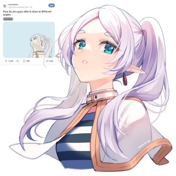 1girl artist_name blue_eyes capelet commentary cropped_torso earrings english_commentary eyelashes frieren grey_hair highres jewelry long_hair looking_at_viewer meme open_mouth parted_bangs pointy_ears reference_inset sasha_chii solo sousou_no_frieren twintails upper_body upward_angle_frieren_drawing_(meme) white_background white_capelet