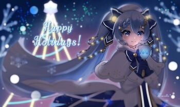 1girl aqua_eyes aqua_hair bass_clef bell beret black_gloves blue_bow blue_tabard bow capelet christmas_lights closed_mouth commentary_request dress gloves gold_trim hair_between_eyes hair_bow hair_ornament hat hatsune_miku holding holding_bell long_hair monitaros_393 multiple_hair_bows musical_note musical_note_print official_alternate_costume official_alternate_hairstyle smile snowflake_print snowflakes solo tabard treble_clef twintails very_long_hair vocaloid white_capelet white_dress white_hat yuki_miku yuki_miku_(2021)