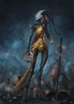 1girl antennae arthropod_girl bag bare_shoulders bell black_skin chakram closed_eyes colored_skin full_body georgevostrikov highres holding holding_weapon hollow_knight hollow_knight:_silksong horned_mask looking_to_the_side map_(object) mask red_bag shakra_(hollow_knight) shoulder_bag solo standing too_many_bells weapon white_mask