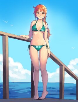 1girl absurdres arm_at_side bare_arms bare_legs bare_shoulders barefoot bikini blue_bow blue_sky blush bow breasts brown_eyes cleavage cloud collarbone commentary curvy day english_commentary full_body green_bikini groin hair_bow hand_on_railing highres horizon long_hair looking_at_viewer low_ponytail lowleg lowleg_bikini medium_breasts nami_(one_piece) navel nose_blush one_piece orange_hair outdoors ponytail railing shiny_skin shoulder_tattoo side-tie_bikini_bottom sky smile solo standing stomach swimsuit tattoo thong thong_bikini watcher_hollow water wide_hips
