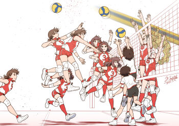 4girls artist_name ball bike_shorts black_shorts blonde_hair brown_eyes brown_hair closed_mouth commentary dated elbow_pads frown girls_und_panzer gym_shirt gym_uniform hair_pulled_back hairband headband highres isobe_noriko jumping kawanishi_shinobu knee_pads kondou_taeko long_hair medium_hair motion_blur multiple_girls multiple_views open_mouth ponytail red_headband red_shirt red_shorts red_socks running sasaki_akebi satou_yasu sequential shirt shoes short_hair short_ponytail short_shorts short_sleeves shorts signature single_vertical_stripe sleeveless sleeveless_shirt sneakers socks sportswear standing t-shirt volleyball volleyball_(object) volleyball_net volleyball_uniform white_hairband white_shirt white_shoes